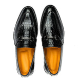 Reephaz Handmade Black Leather Crocodile Style Loafers